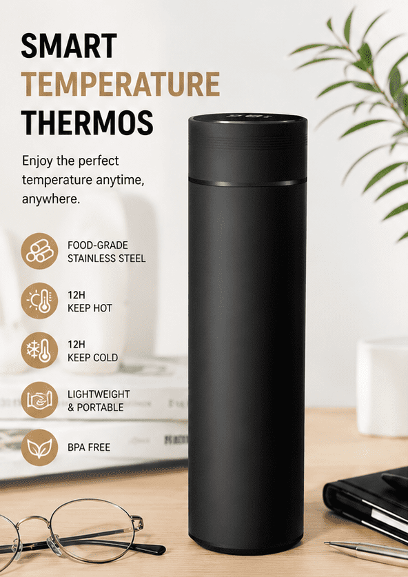 Insulated Steel Flask with Lid Temperature Readout, 480 ml - Image 2