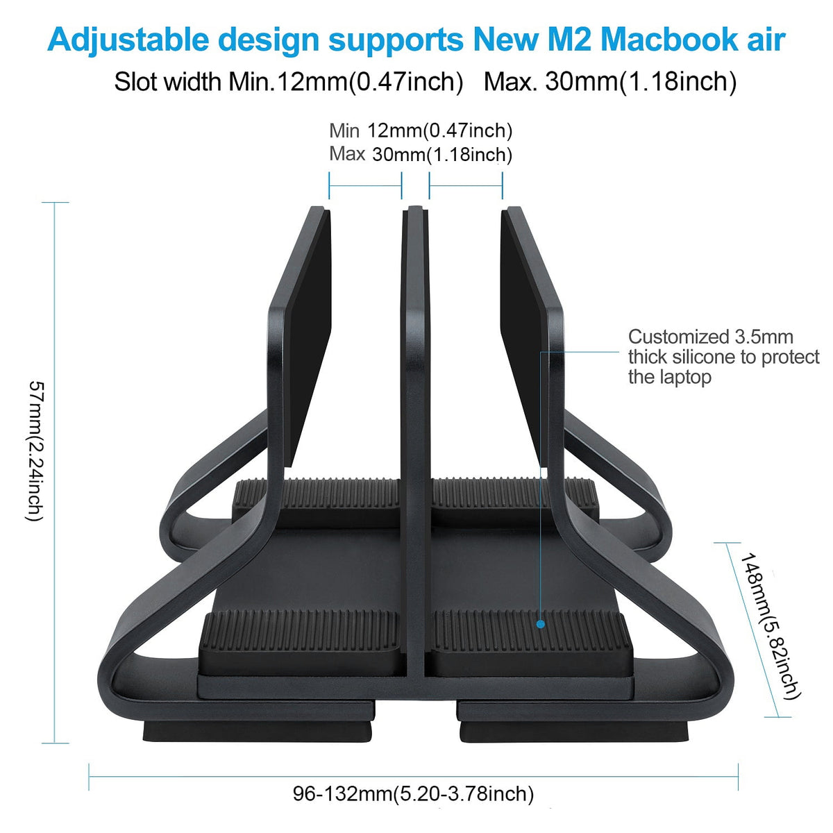 Vertical Laptop Stand in Aluminium, Two Slots with Tool-Free Width Adjustment - Image 3