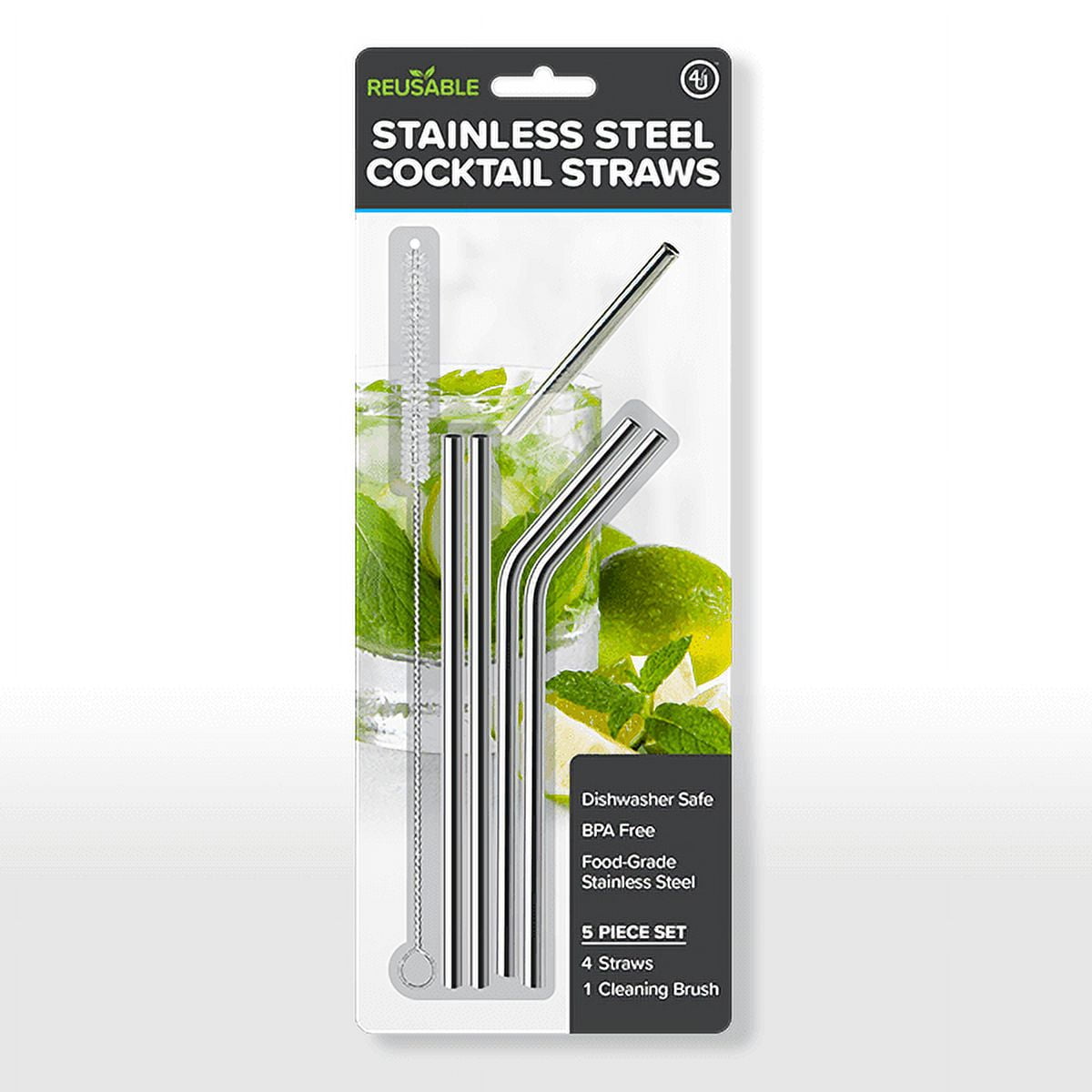 Stainless Steel Cocktail Straws, Four 6-Inch Bent Straws with Brush - Image 2