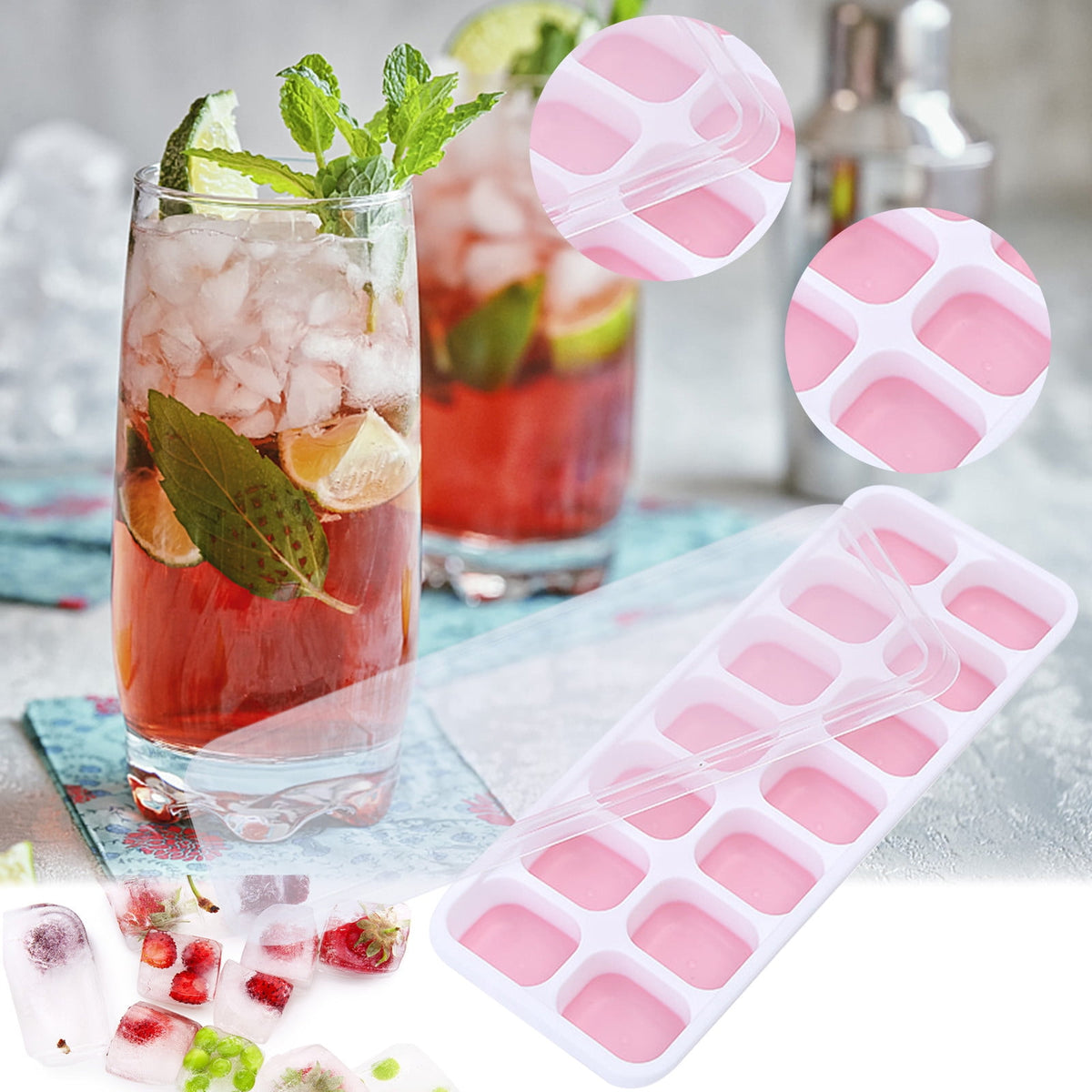 Silicone Ice Cube Trays with Lids, Two Trays of 14 Cubes, Stackable - Image 3