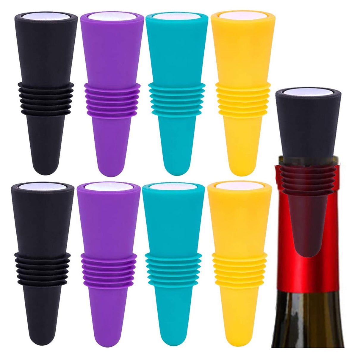 Silicone Wine Bottle Stoppers, Four Sealers with Grip Tops - Image 3