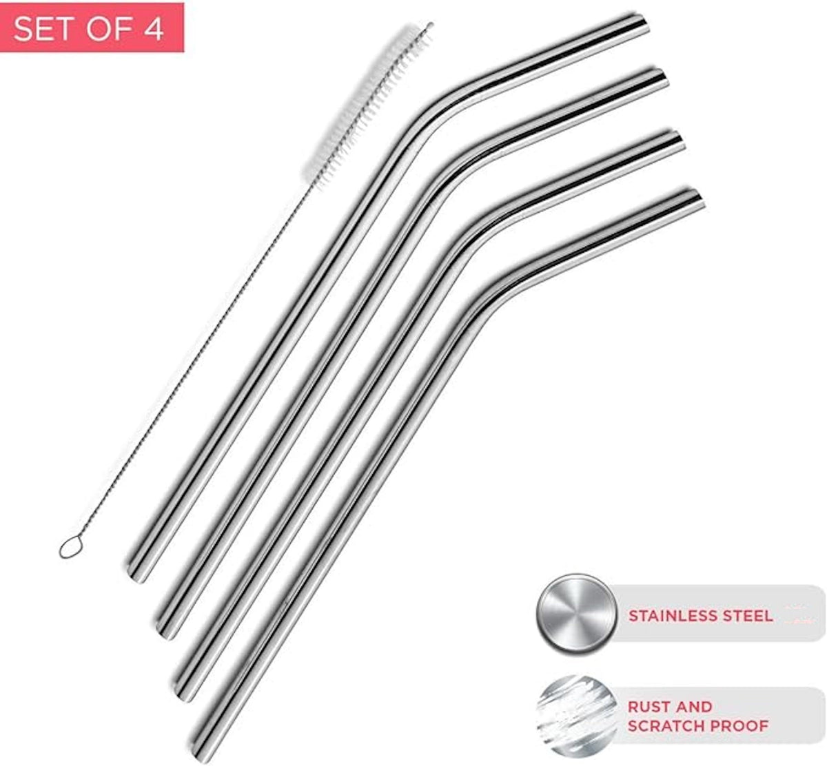 Stainless Steel Cocktail Straws, Four 6-Inch Bent Straws with Brush - Image 5