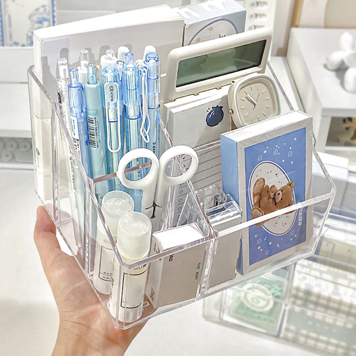 Clear Acrylic Desk Caddy, Five Compartments and a Pull-Out Drawer - Image 2