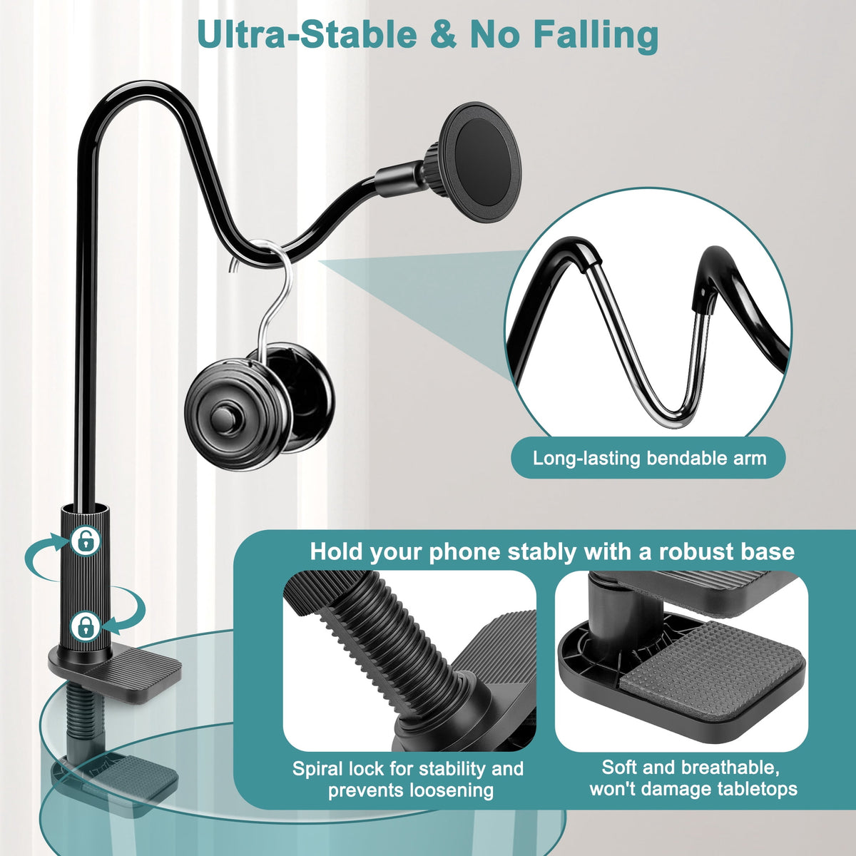 Magnetic Gooseneck Phone Mount with 23.6-Inch Flexible Arm and Desk Clamp - Image 6