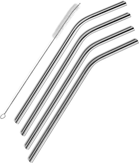 Stainless Steel Cocktail Straws, Four 6-Inch Bent Straws with Brush
